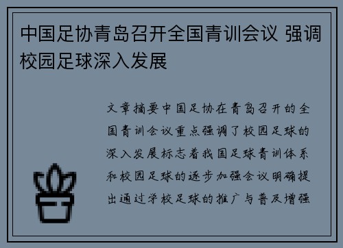 中国足协青岛召开全国青训会议 强调校园足球深入发展