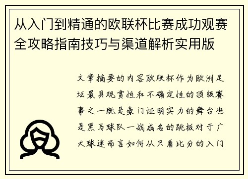从入门到精通的欧联杯比赛成功观赛全攻略指南技巧与渠道解析实用版